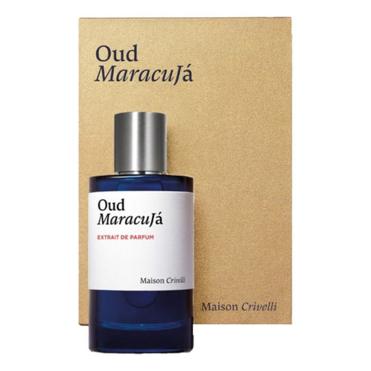 Blue perfume bottle with silver cap and 'Oud Maracuja' label against a beige background