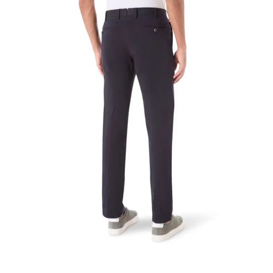 Rear view of Men's slim-fit flannel trousers in anthracite gray with side pockets