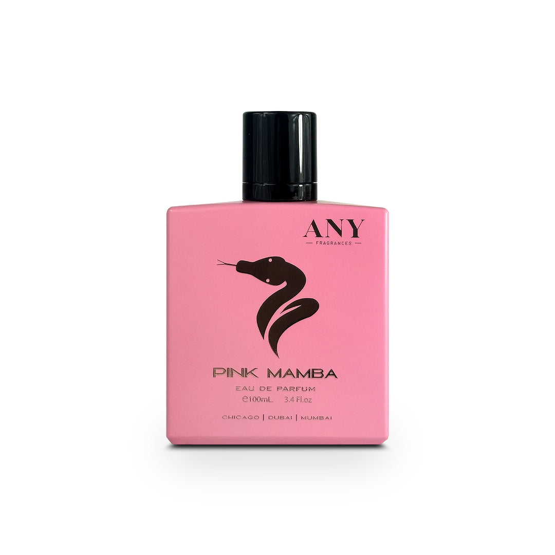 Pink Mamba eau de parfum bottle with black cap on a white background