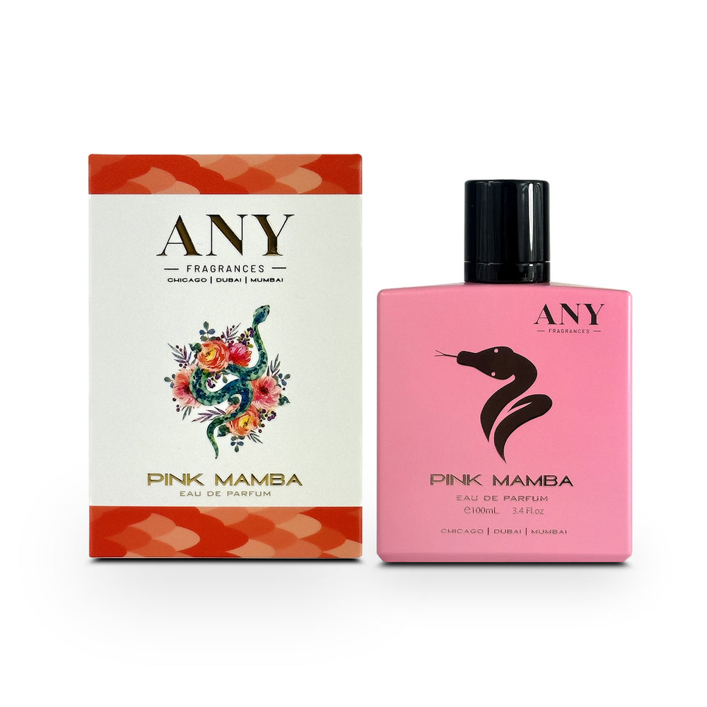 Pink Mamba perfume bottle and packaging by ANY Fragrances on a white background
