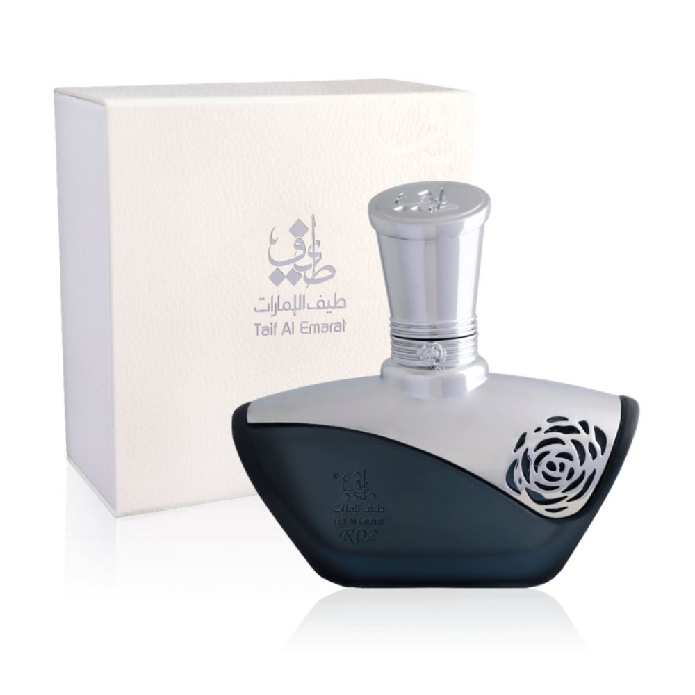 An EDP 60mL bottle of R02 perfume by Taif Al Emarat along with its box