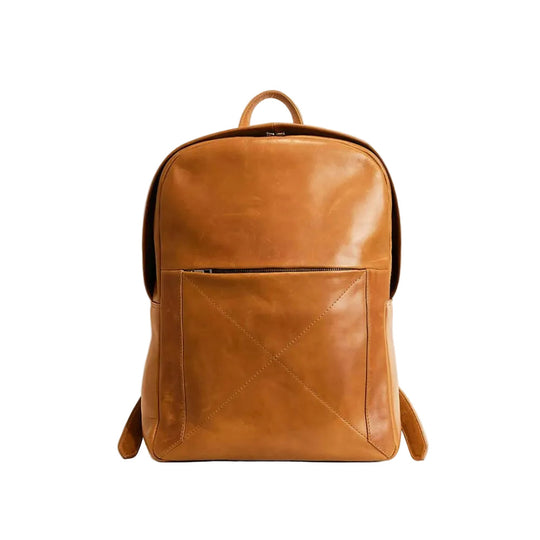 Brown leather backpack on a light gray background