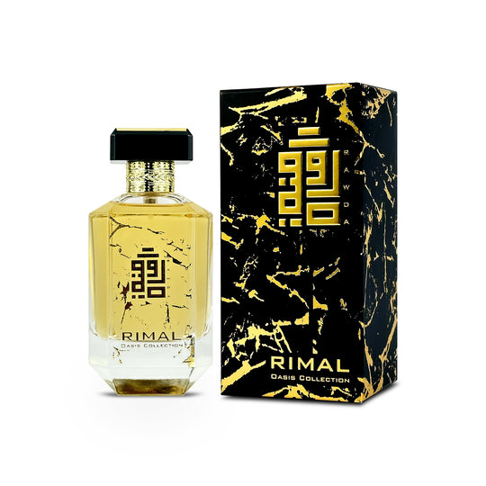 An EDP 100mL bottle of Rimal perfume by Rawda along with its Box