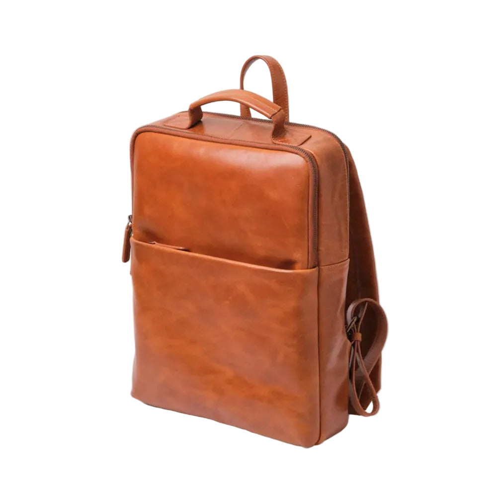 Brown leather backpack on a white background