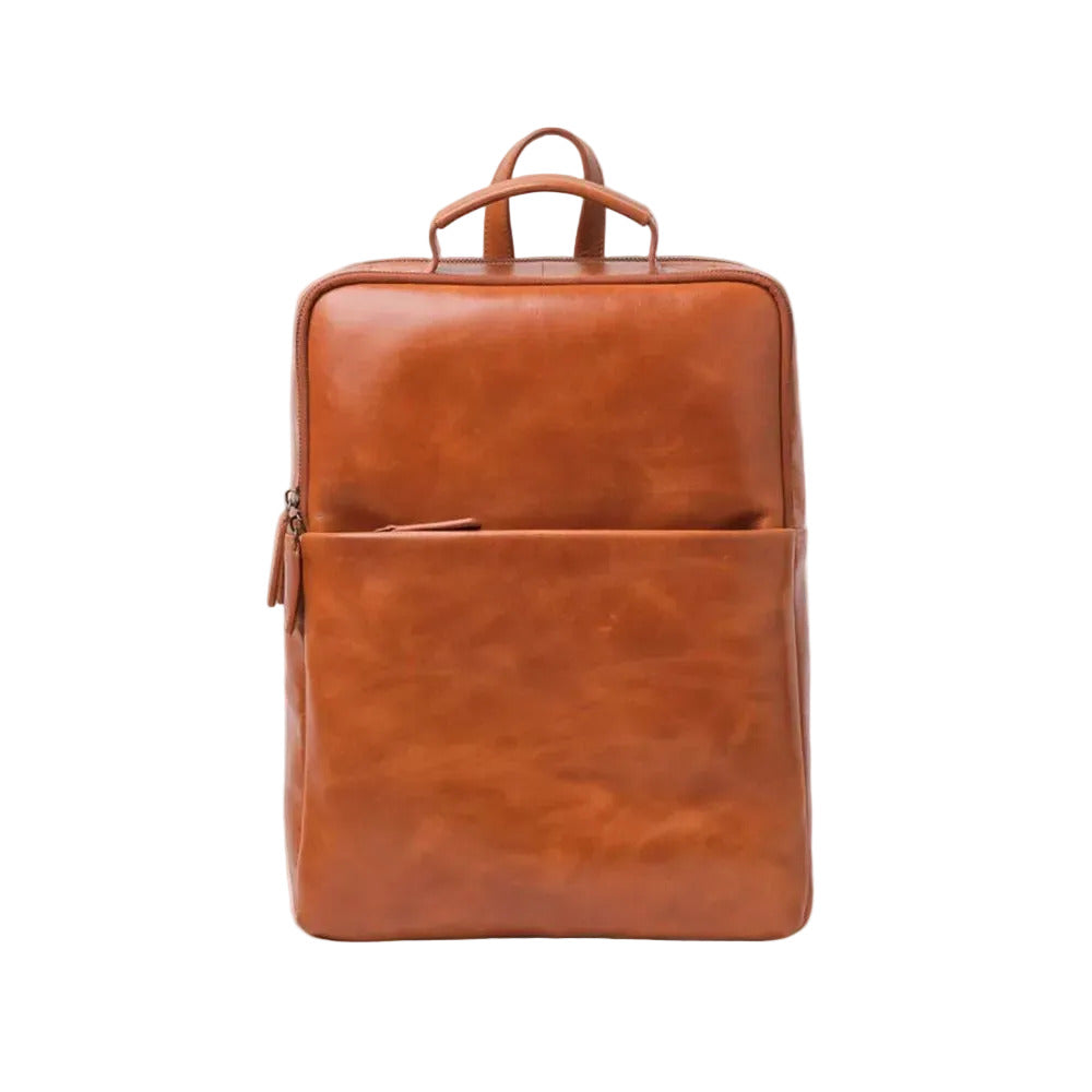 Brown leather backpack on a white background