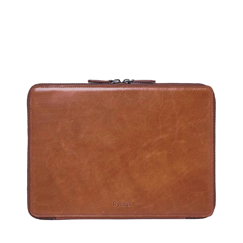 Caramel colored leather case with 'Ryoko' branding on a light gray background