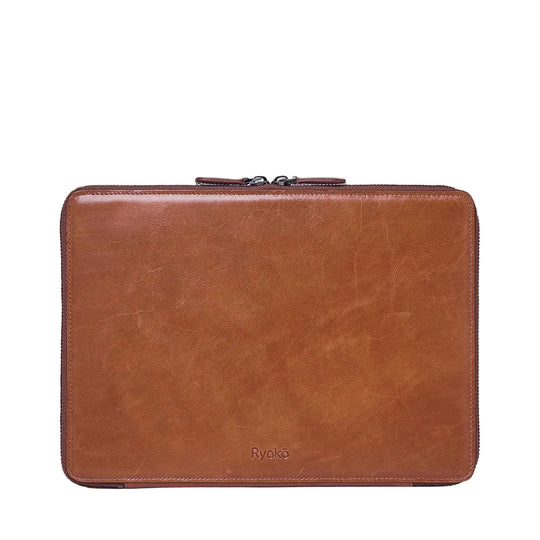 Caramel colored leather case with 'Ryoko' branding on a light gray background