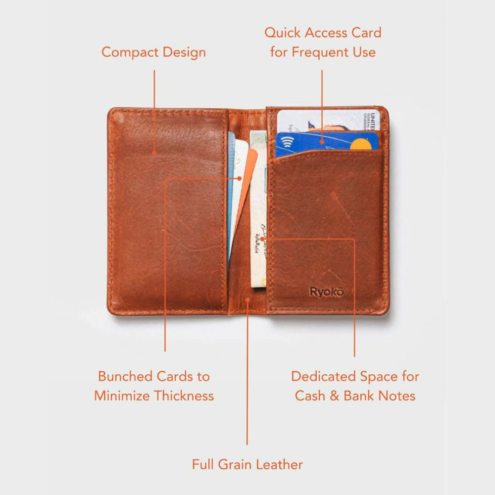 Ryoko Handcrafted, Secure, Oil Pull-Up Leather Card Wallet With RFID Protection And 2 Quick-Access Slots