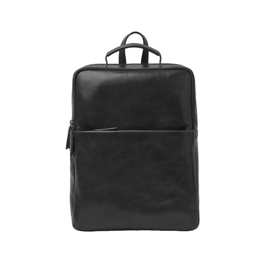 Black leather backpack on white background