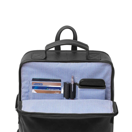 Black backpack with blue interior showing card and pen holder on a white background