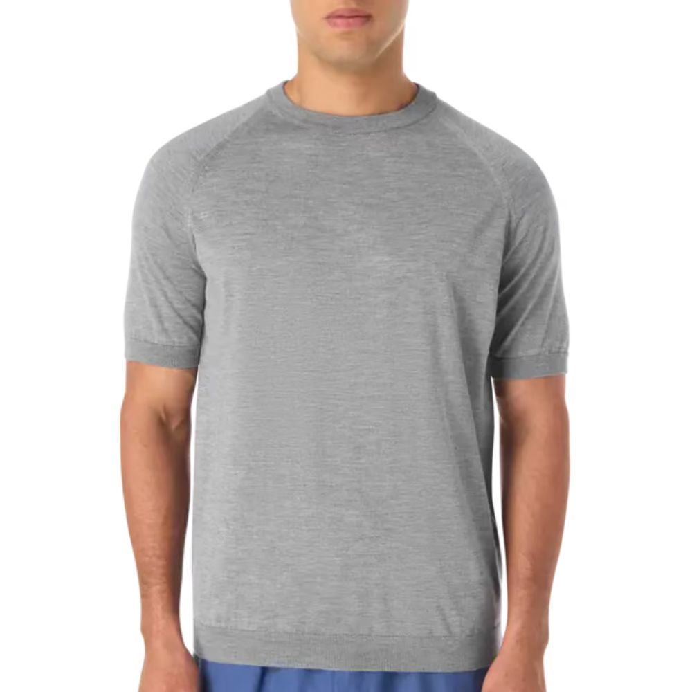 Portrait image of a male model wearing SEASE Short Sleeve Knitted T-Shirt