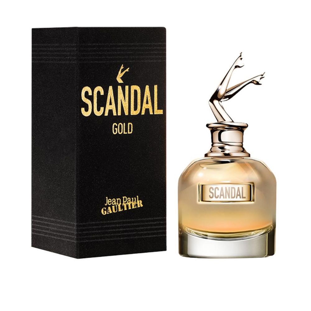 An EDP 80mL bottle of Scandal Gold by Jean Paul Gaultier along with its Box