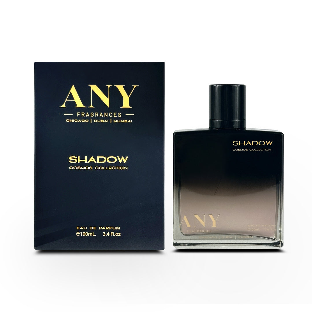 Perfume bottle and packaging of 'ANY Fragrances Shadow' on a white background