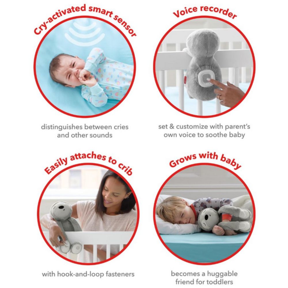 Product features of a baby soothe device with text labels on a white background
