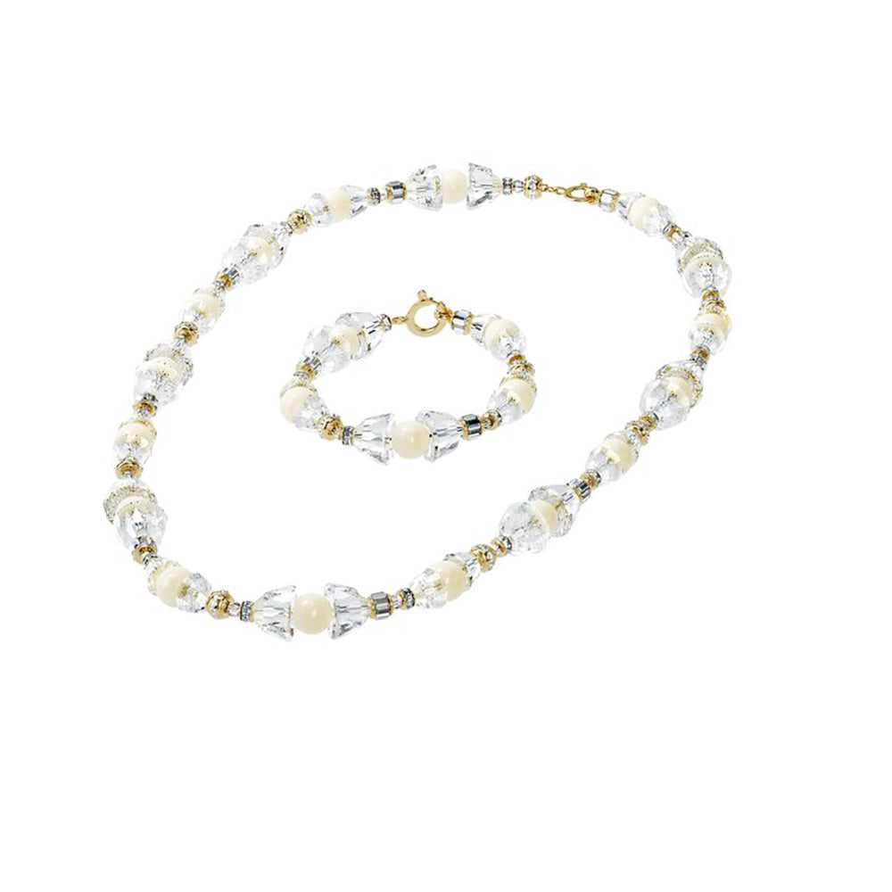 White Pearl and Crystal Beaded Premium Set of Necklace and Bracelet