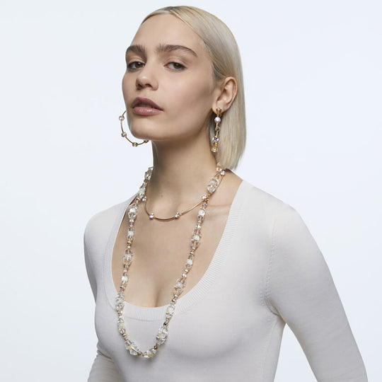 Model Wearing Pearl and Crystal Beaded Swarovski Somnia Necklace and Earrings