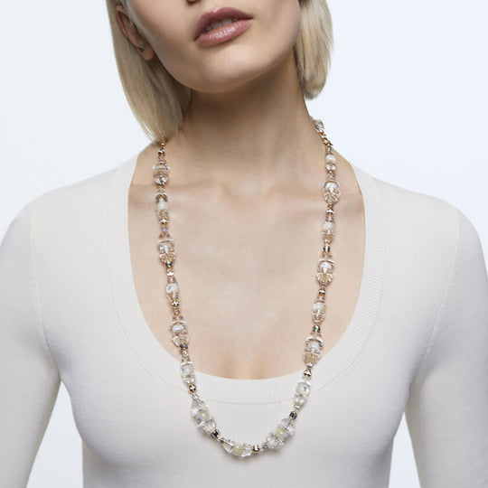 Model Wearing Bohemian Inspired Pearl and Crystal Beaded Necklace