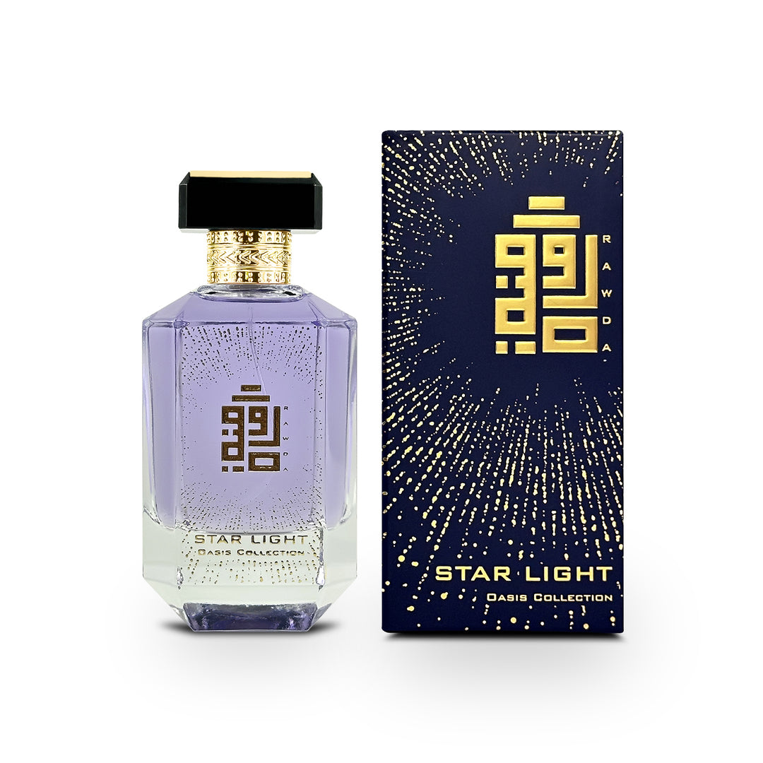 An EDP 100mL spray bottle of Starlight perfume by Rawda along with its Box