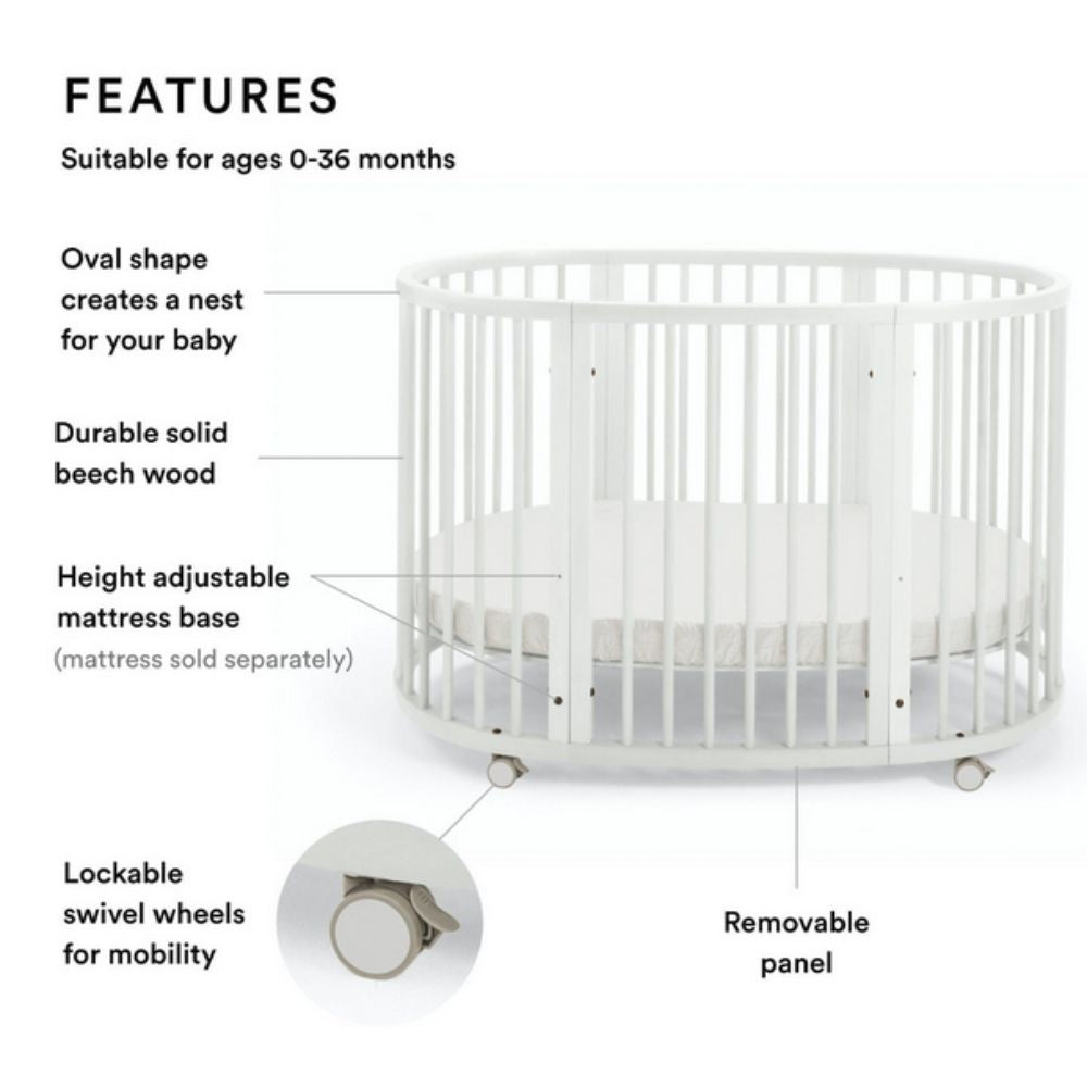 Stokke Sleepi Bed White crib with features listed on a white background