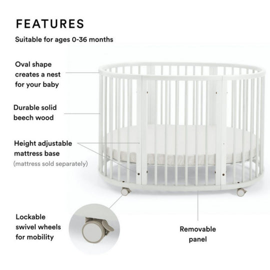 Stokke Sleepi Bed White crib with features listed on a white background