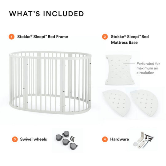Stokke Sleepi crib set with bed frame, mattress base, swivel wheels, and hardware on a white background.