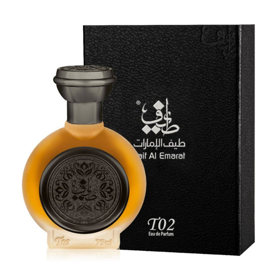 An EDP 75mL bottle of T02 by Taif Al Emarat along with its Box