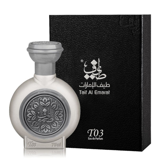 An EDP 75mL bottle of T03 by Taif Al Emarat along with its Box