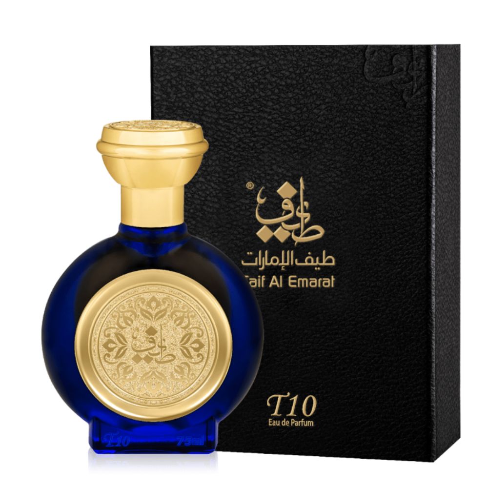 An EDP 75mL bottle of T10 perfume by Taif Al Emarat along with its Box