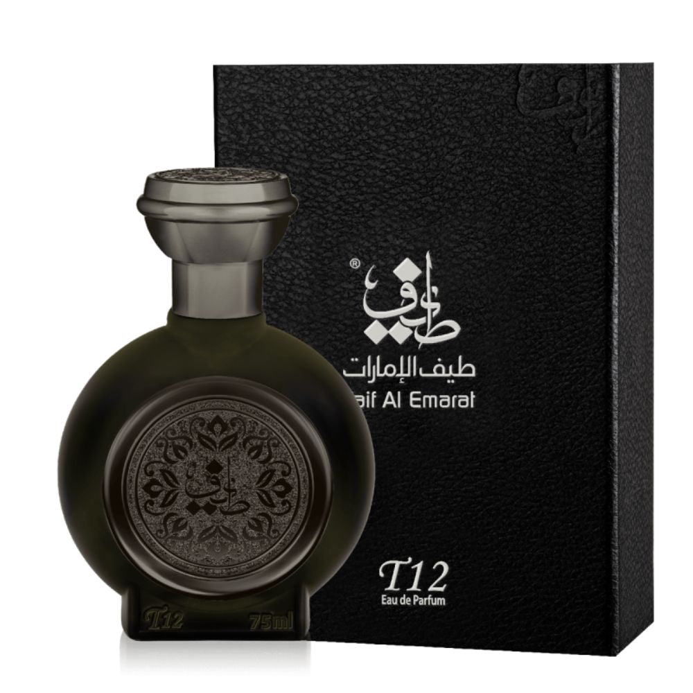 An EDP 75mL bottle of T12 Vibrant by Taif Al Emarat along with its Box