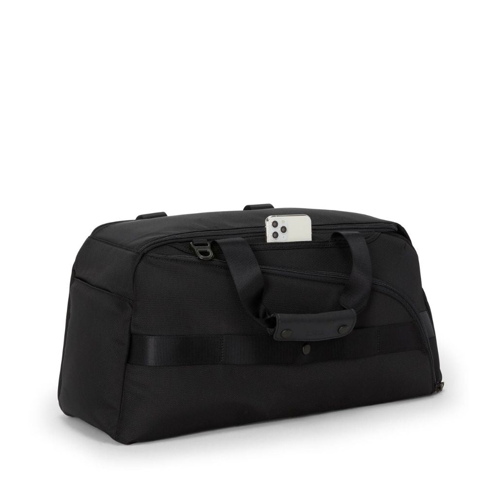 Black duffel bag on a white background