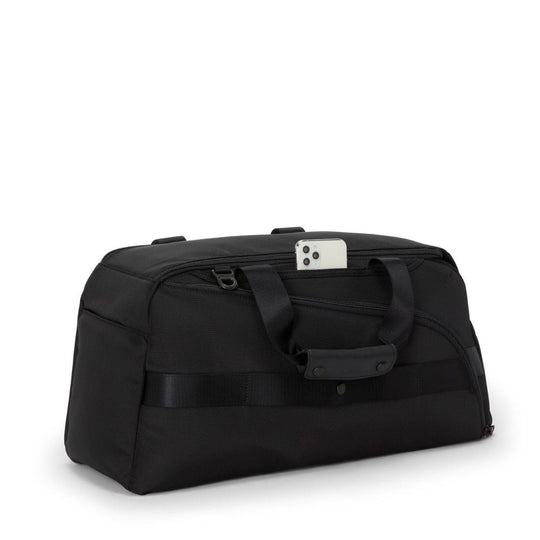 Black duffel bag on a white background