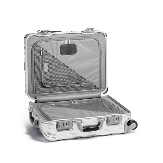 Silver suitcase with open lid on a white background