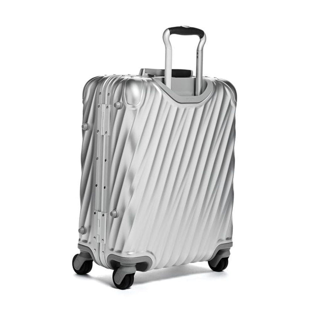 Silver suitcase with a handle on a white background