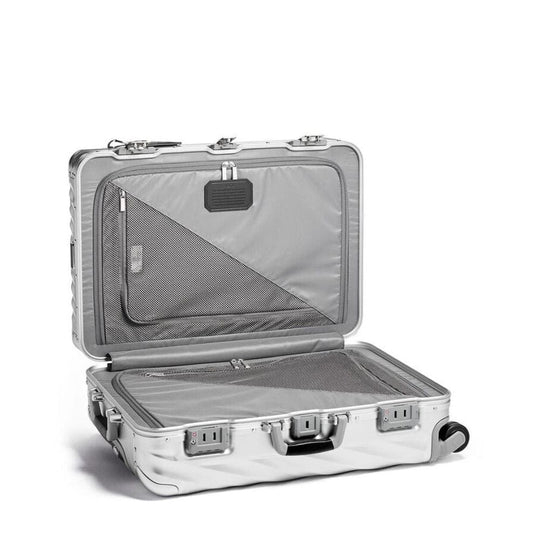 Silver suitcase with open lid on a white background