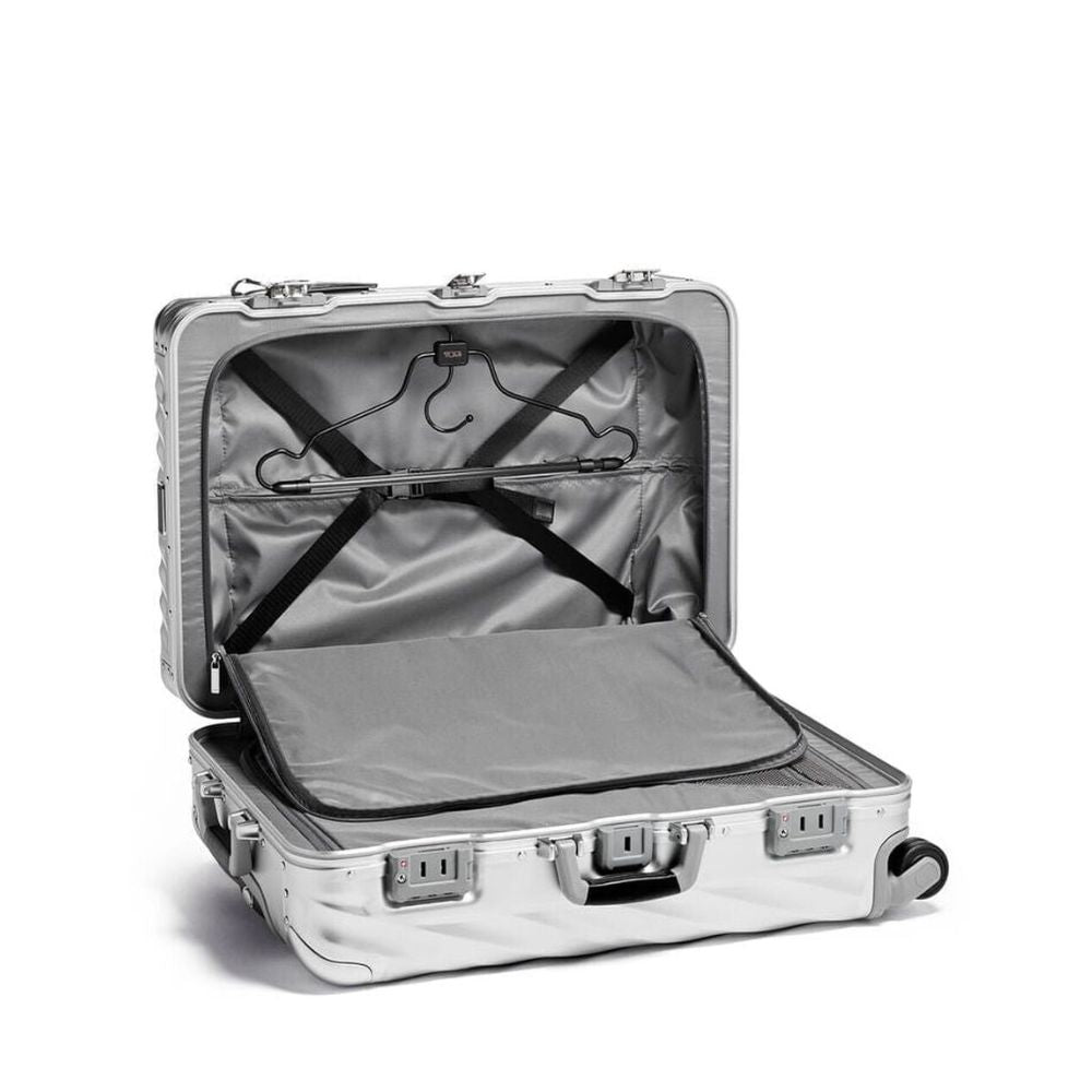 TUMI Iconic 19 Degree Aluminum Packing Case With TSA Locks And Recessed Wheels: Model 98821-1776 in Silver with its lid open