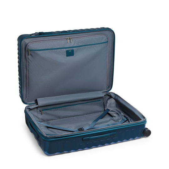Open blue suitcase on a white background