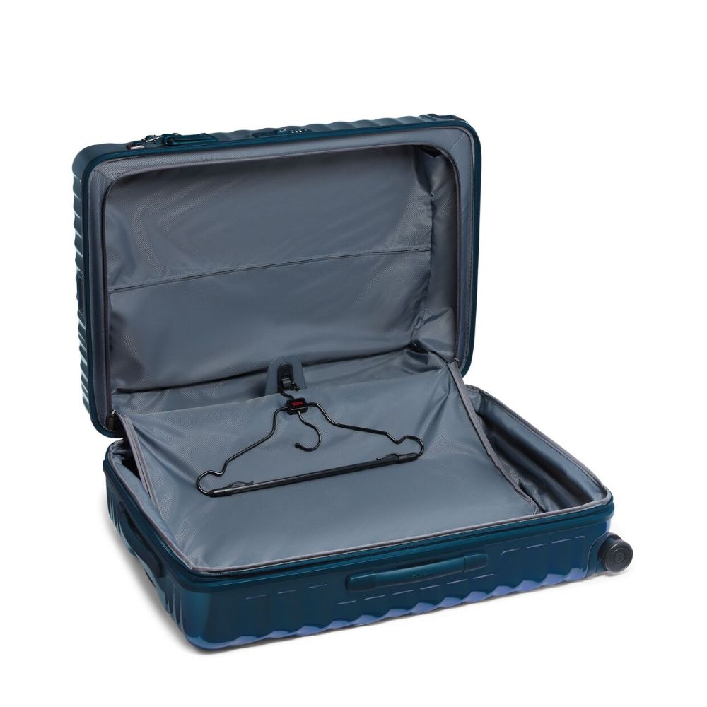 Open blue suitcase with a hanger inside on a white background