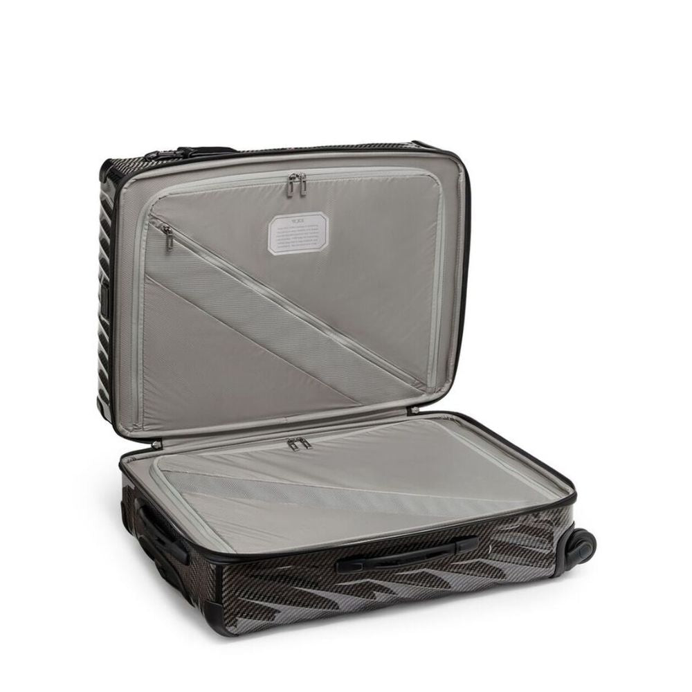 Open black suitcase with transparent interior on a white background