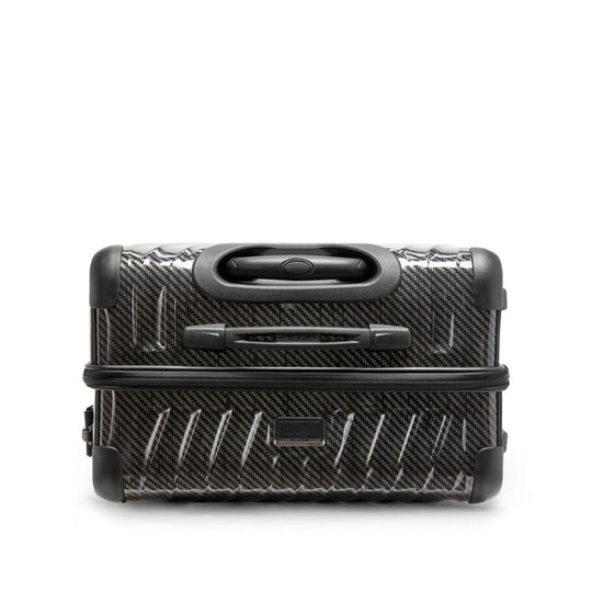 Black suitcase with carbon fiber pattern on a white background