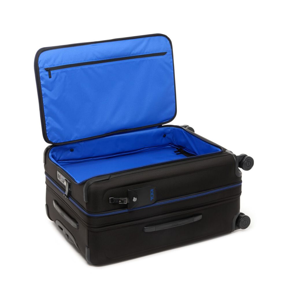 Black suitcase with blue interior on a white background