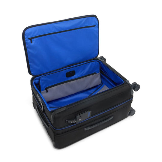 Black suitcase with blue interior on a white background