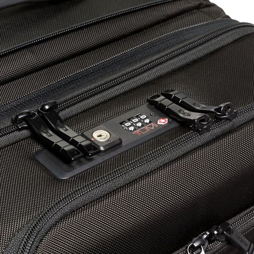 Close up of the combination lock of TUMI Versatile Alpha 3 Tall Wheeled Duffel: Model Number 117169-1041