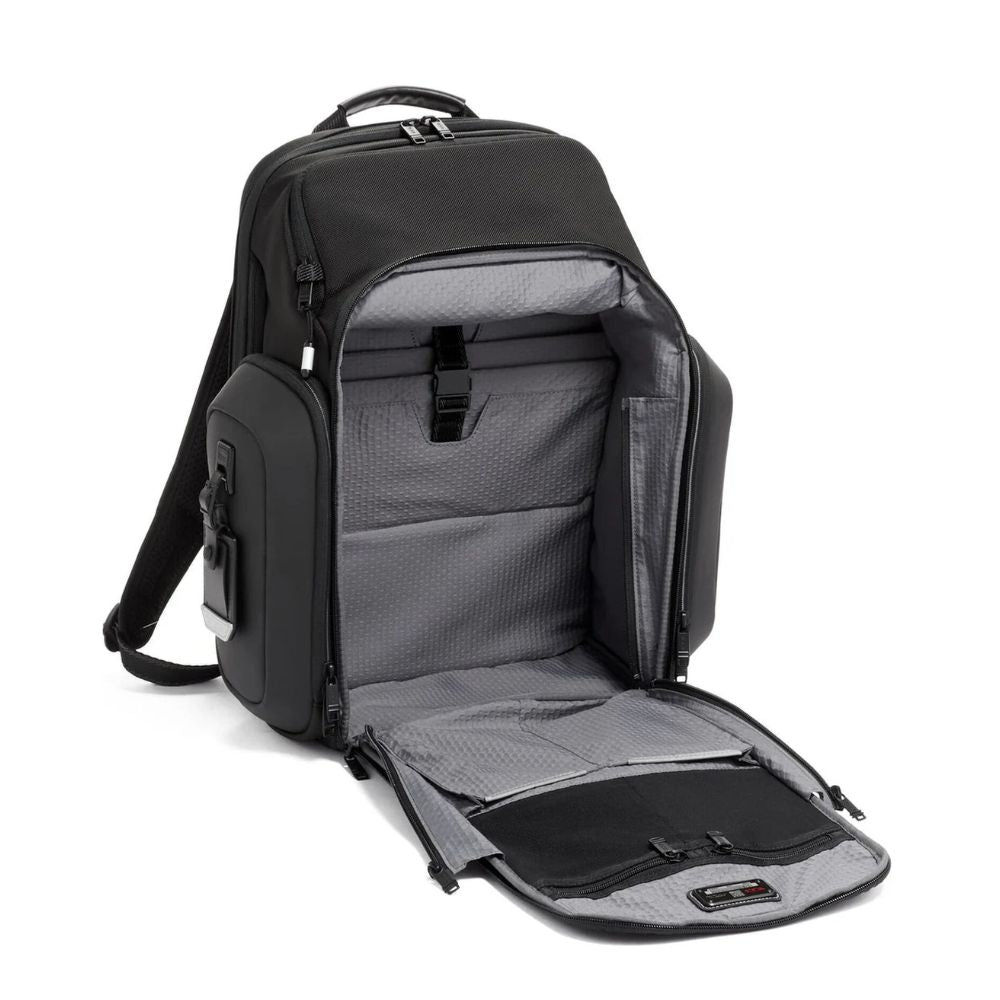 Black and gray backpack with open compartments on a white background