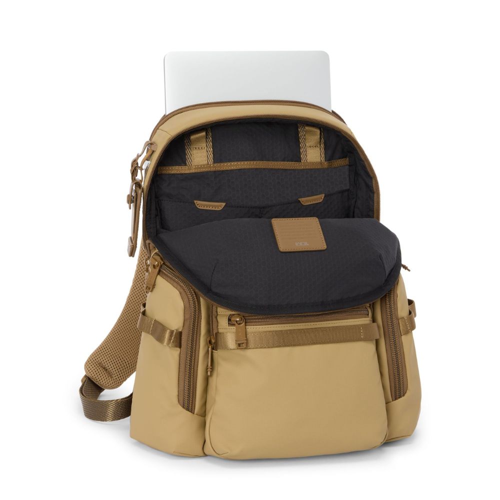 Beige backpack with a laptop compartment on a white background