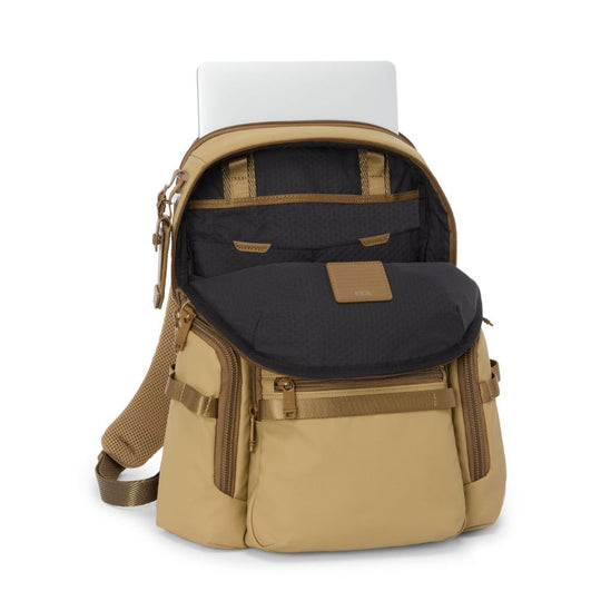 Beige backpack with a laptop compartment on a white background