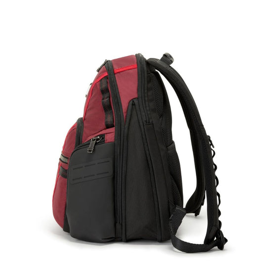 Red and black backpack on a white background