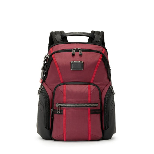 Red and black backpack on a white background