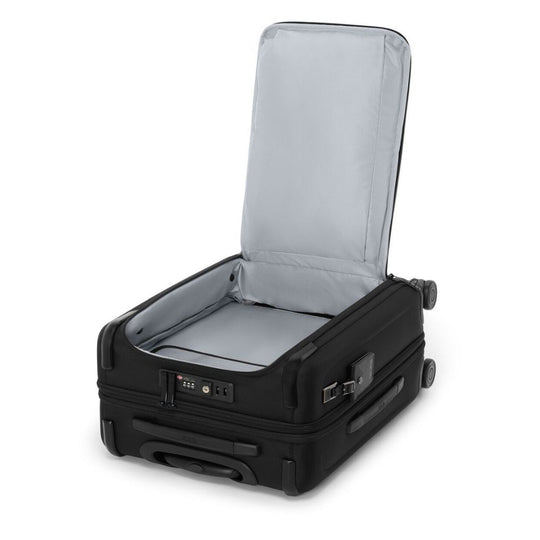 Black suitcase with open lid on a white background