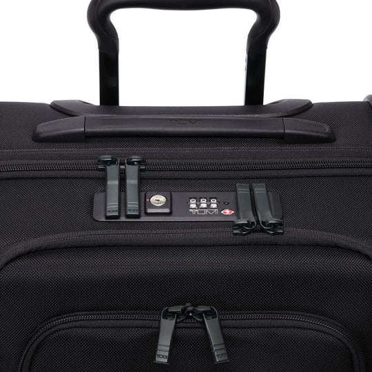 Close up of combination lock and handle on TUMI Alpha Expandable Carry-On 159003-A872 in Black
