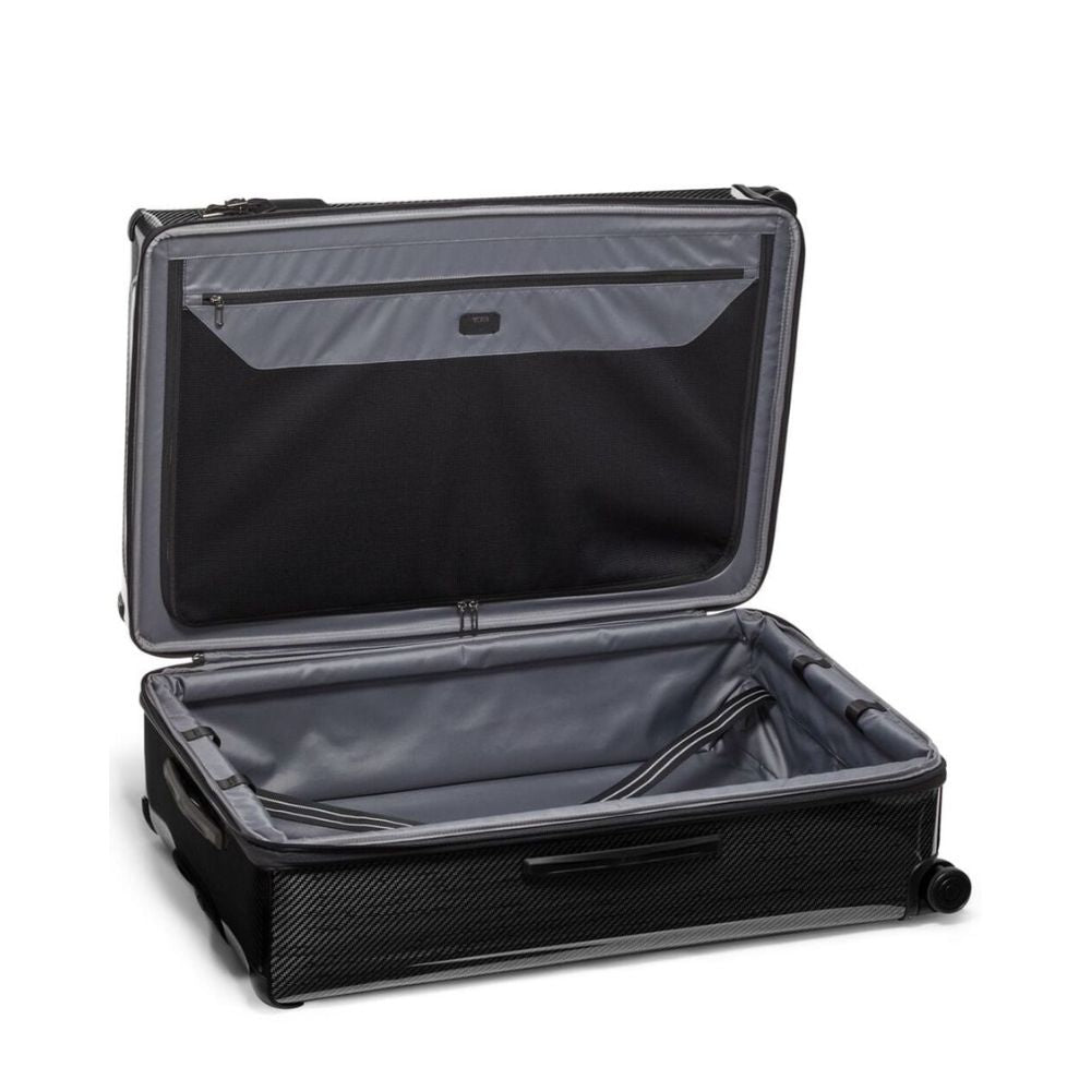 Black open suitcase on a white background